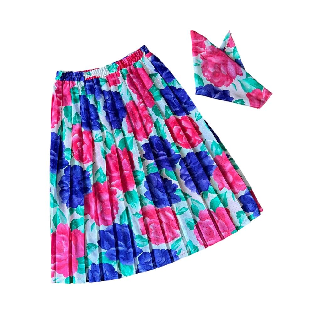Work Habits Jacquard pink blue floral print pleated skirt & matching scarf LARGE